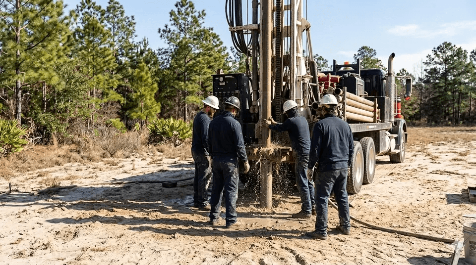 Eastman Well Drilling crew on a job site in Dodge County, Georgia
