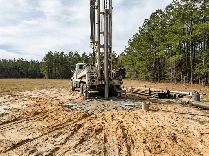 New water well drilling equipment on a residential property in Dodge County, Georgia